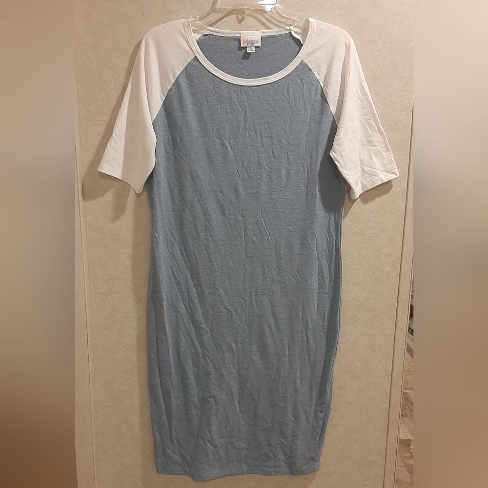 🔥LuLaRoe Ladies Size Large Blue Gray Colorblock Julia Dress C9